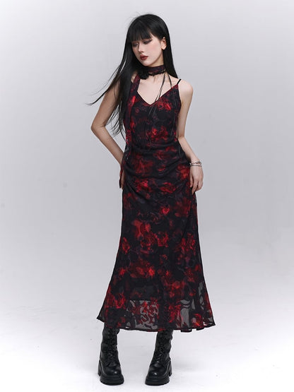 Floral Length Red and Black V-Neck Ankle Slip Dress