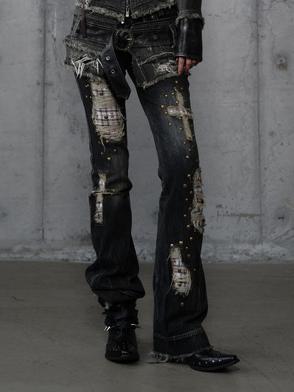 Plaid Distressed Patches Jeans Hem Punk with Frayed Black Wash Cross