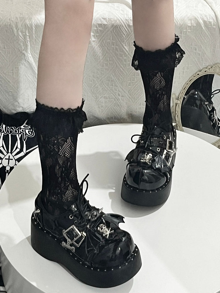 Y2K Black Punk Stud Buckle Strap Bat Wings Platform Shoes