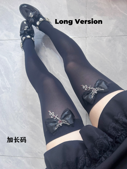 Regular/Long Version Stockings Gothic Over Kei Bowknot Knee Jirai Red Accents Black Metal Snake