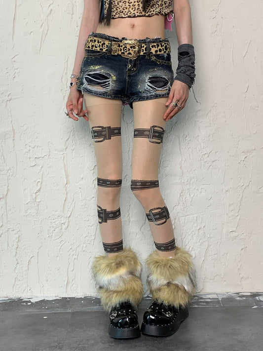 Ensemble de collants à bretelles et boucles punk nude, jambières hirsutes blanches et marron