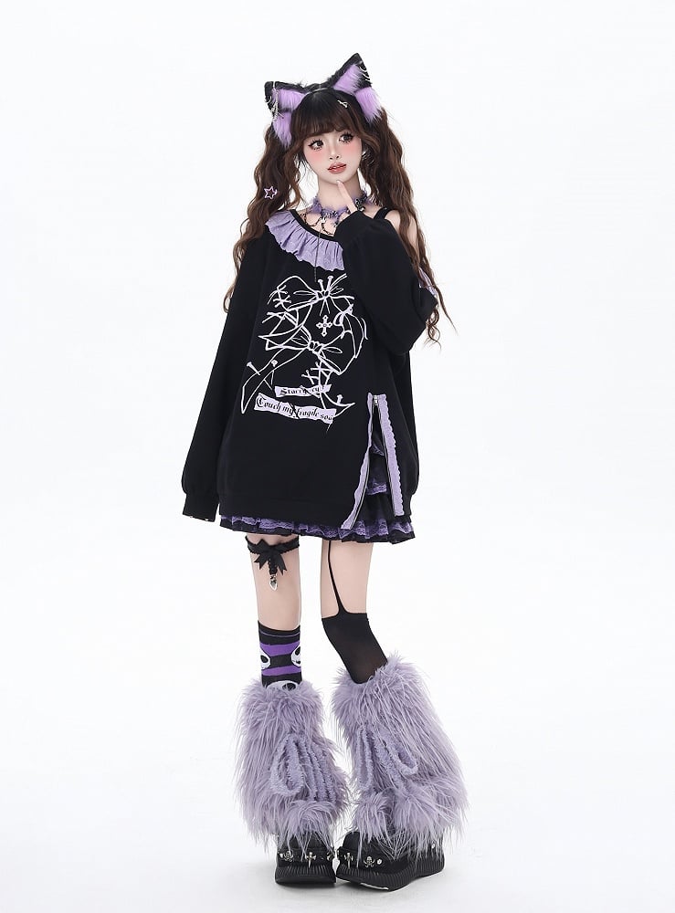 Black Asymmetrical Neckline Ruffled Purple Lace Trim Side Slit Sweatshirt