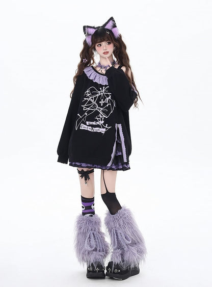 Black Asymmetrical Neckline Ruffled Purple Lace Trim Side Slit Sweatshirt