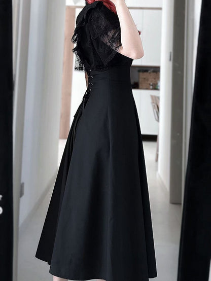 Jirai Kei Black/White Illusion Waist Neckline Ruffled High Lace Dress Trim