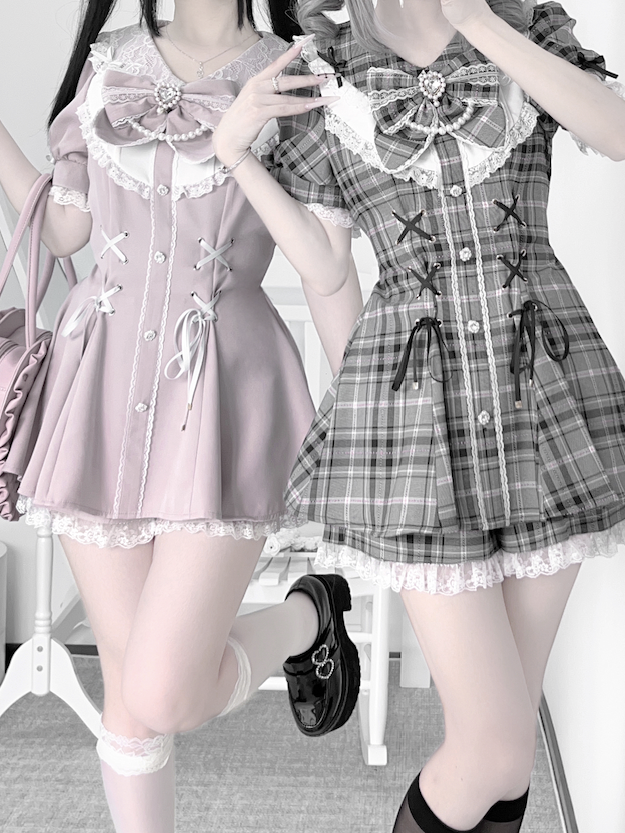 Gray Kei Plaid Waist Rhinestones Jirai Mini Dress+Shorts Embellished Set Lace-up Details