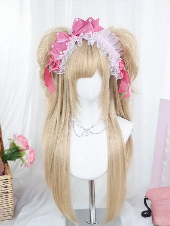 + Clips Ponytail 65-70CM Bangs Full Double Straight Curly With Wig Blonde 35CM Claw Length