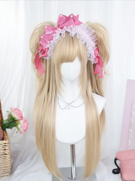+ Clips Ponytail 65-70CM Bangs Full Double Straight Curly With Wig Blonde 35CM Claw Length