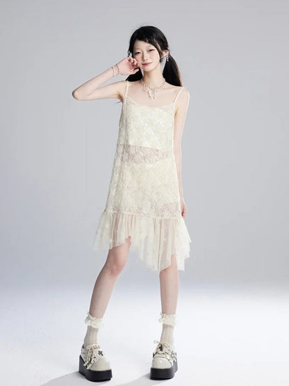 Strapless Hem Cropped Sequins Mesh Slip Dress/Apricot Apricot Semi-sheer Top Star Pattern Asymmetrical
