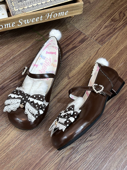 Lolita Bunny Schuhe Pom Mary Jane Braun Süß mit Ohren Schwanz