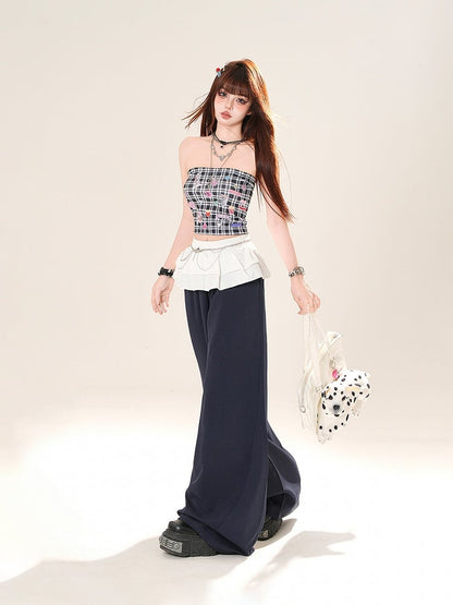 Navy Blue Loose Wide-leg Casual Pants
