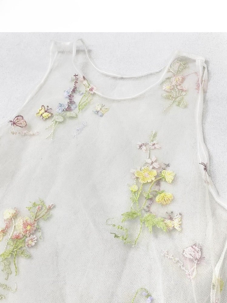 Floral Dress White Asymmetrical Yellow Beige Holiday Set- Sheer Embroidery + Skirt Hem