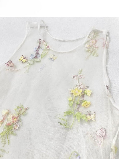 Floral Dress White Asymmetrical Yellow Beige Holiday Set- Sheer Embroidery + Skirt Hem