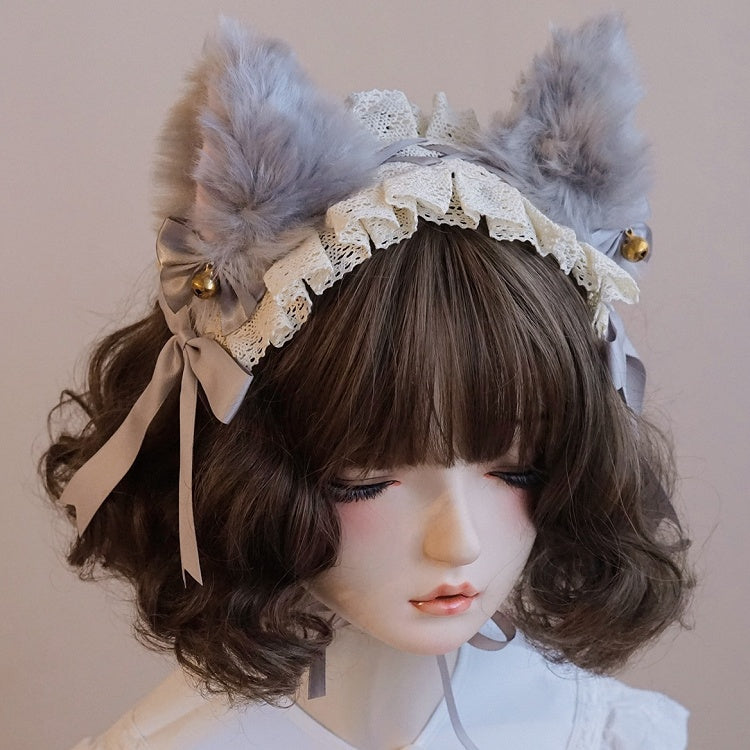 Ear Trim Hairband Lace Fox Bowknot Grey Details Bell Decorated