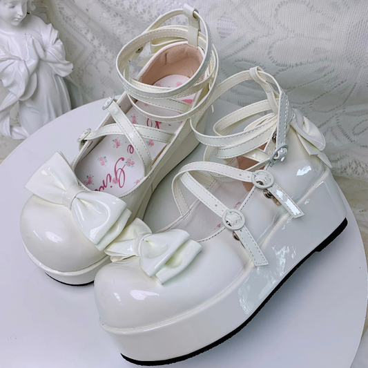 White Bowknot Buckle Straps Round Toe Platform Lolita Shoes