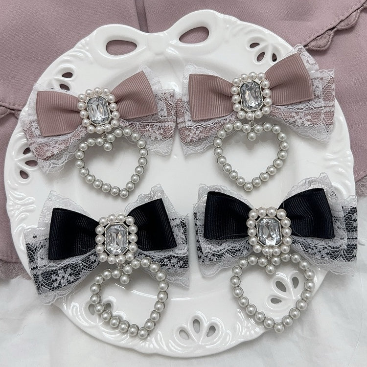 Jirai Kei Rhinestone and Beaded Heart Accents Bowknot Hairclips