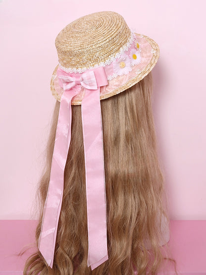 Blue/Pink/Yellow Daisies Bow Accents Straw Hat