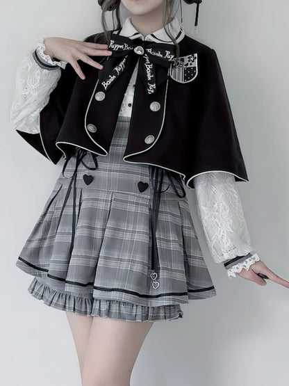 Jirai Kei Grey Set Peter Pan Collar High Waist Box Pleat Skirt Plaid Dress + Ruffle Trim Cuffs Shorts