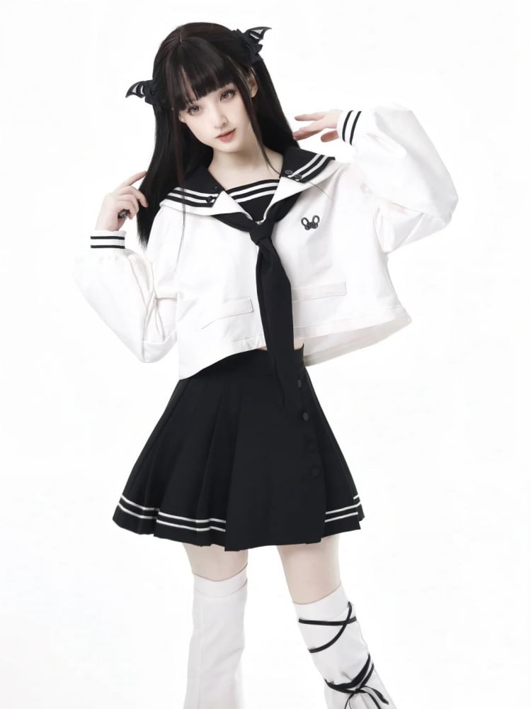 High Waist Black Preppy Pleated Short Skirt