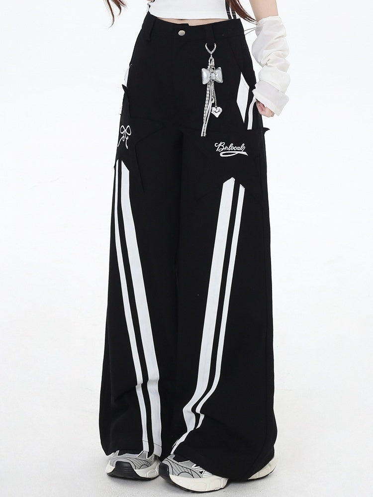Black High Waist White Stripes Straight-leg Cut Pants