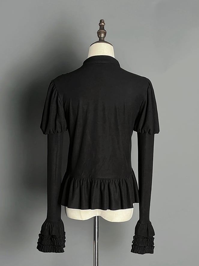 Long Juliette Sleeves Flounce Hemline Top Black