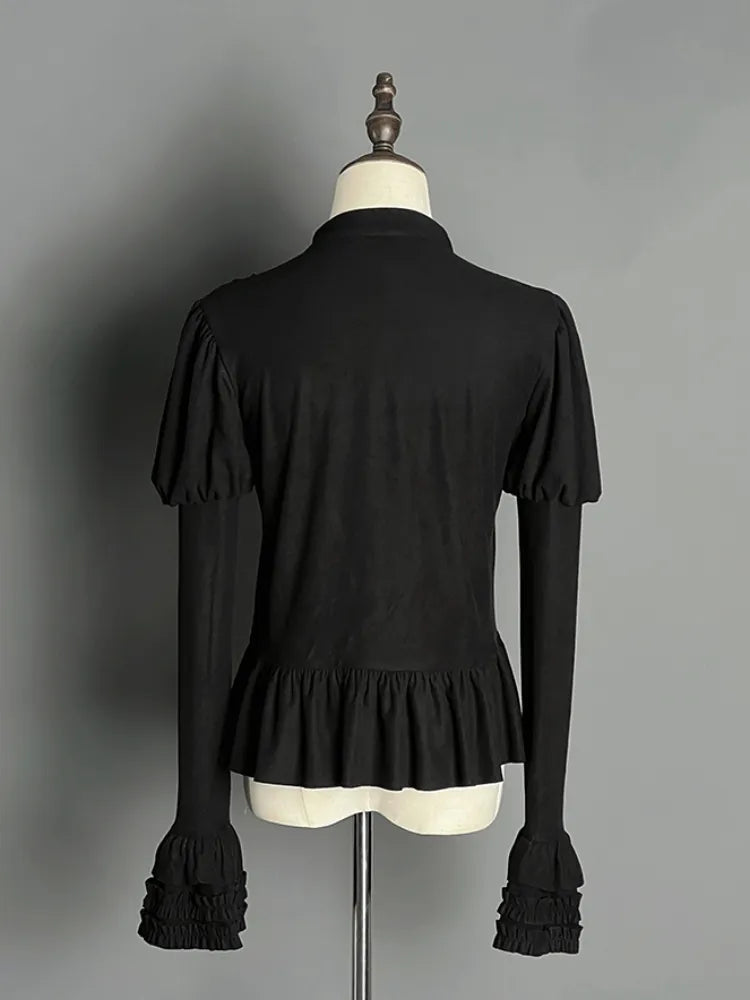 Black Juliette Sleeves Flounce Hemline Long Sleeves Top