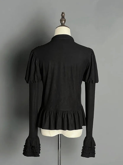 Black Juliette Sleeves Flounce Hemline Long Sleeves Top