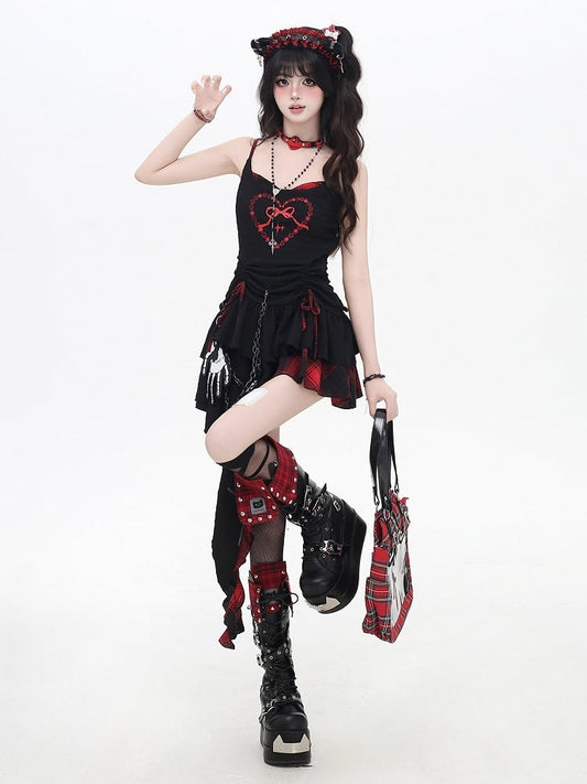 Cami Dress Skirt Red and Black Plaid Drawstring Waist Handkerchief Hem Tiered