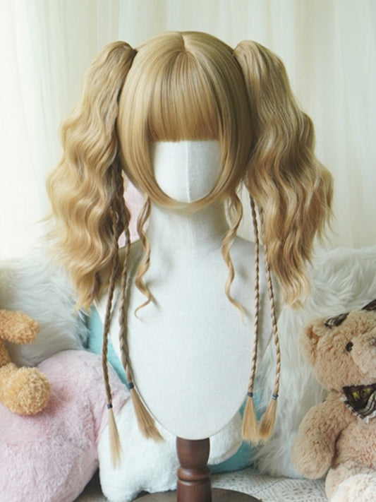Blonde Bob Cut Short Wig With Bangs＋Double Wavy Ponytail Claw Clips
