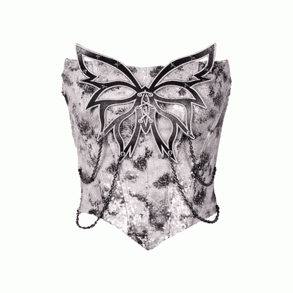 Top Fashion Grey Butterfly Chain Sequins Y3K Fishbone Strapless Cyberpunk Futuristic Silver Decorated