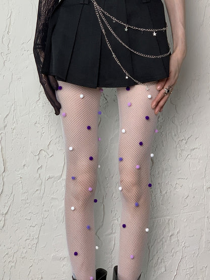 With Purple Pompons Fishnet Tights Design White Pink Y2K Hollow-out