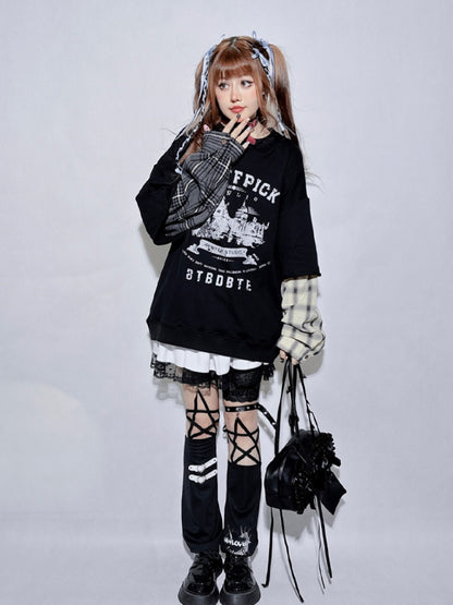 Black Plaid Round Neck Letter Fake Two-piece Sweatshirt
