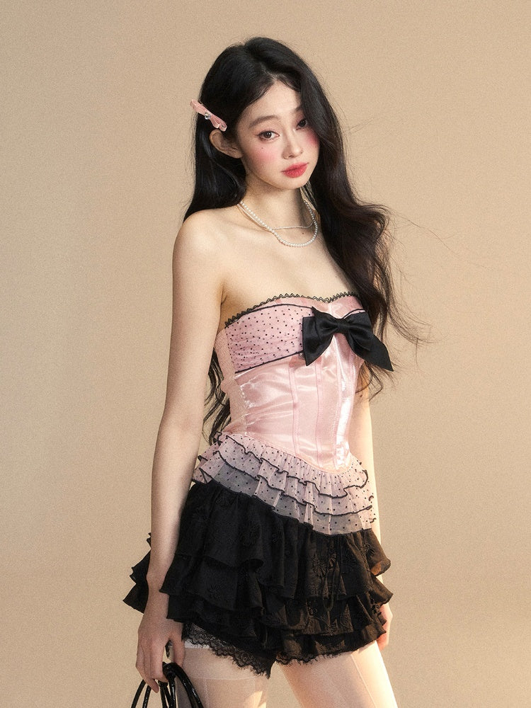 Strapless Top Pattern Pink Layered Lace Mesh Big Bow Ruffled Polka-Dot Trim