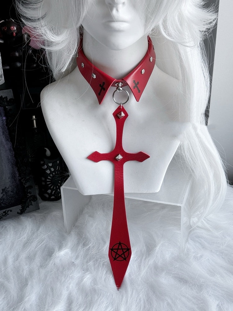 Kreuz Charm Nieten Krawatte Punk Schwarz/Rot Pentagramm