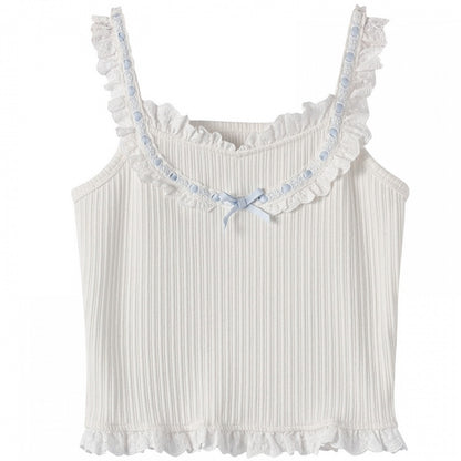 White Bow Ruffled Lace Trim Slim-fitting Cami Top