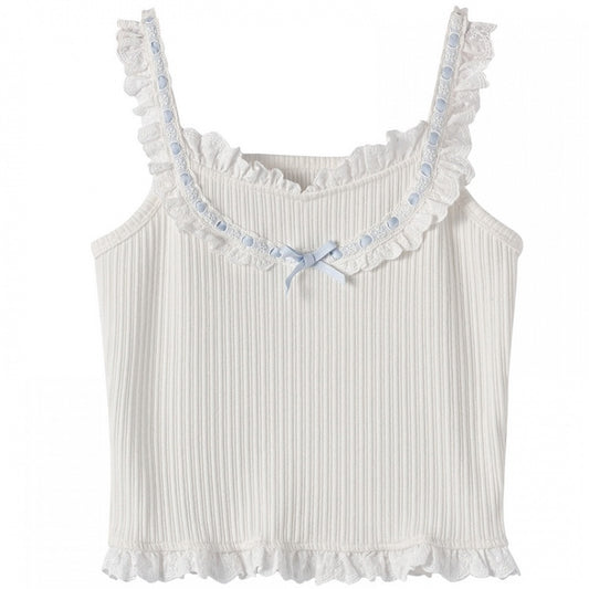 White Bow Ruffled Lace Trim Slim-fitting Cami Top