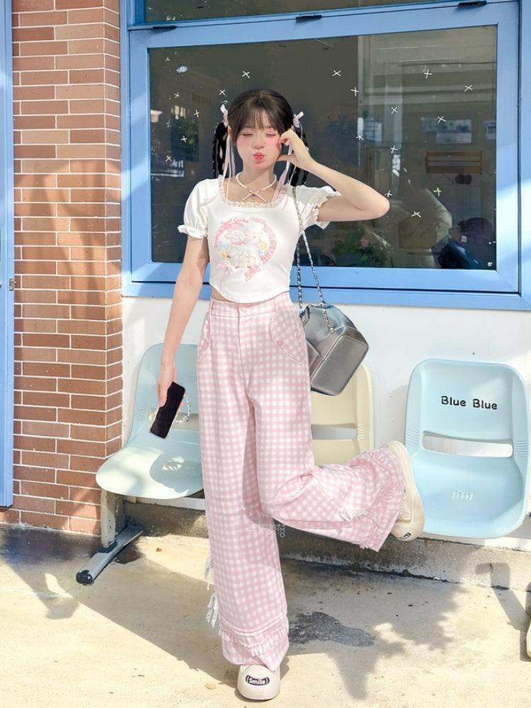Pink Plaid High Waist Lace Bowknots Wide-Leg Pants Version Regular/Short