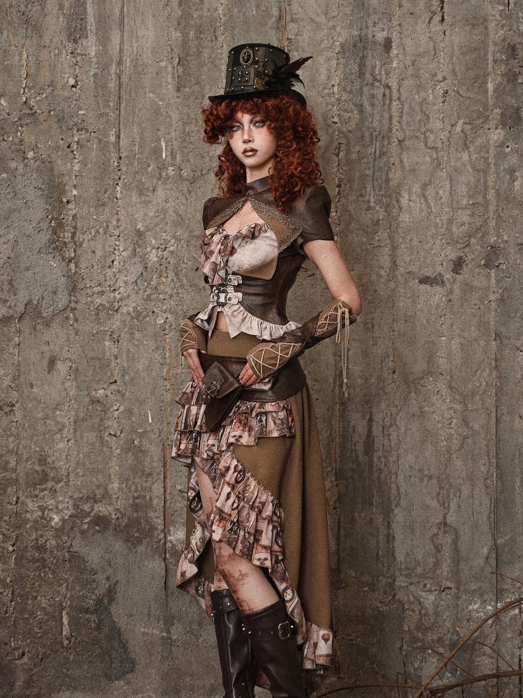 Brown Steampunk Leather Banded Collar Top