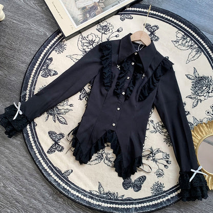 Black Lace Trimming Cross Charm Collar Ouji Lolita Shirt