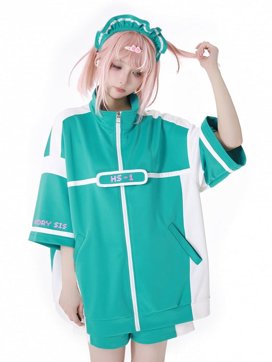 Elbow-Length Sleeves Jirai Kei Zip-up Sweatshirt Green Landmine Style White