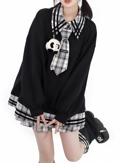 Panda Toy Sweatshirt Black Splicing Plush Plaid with