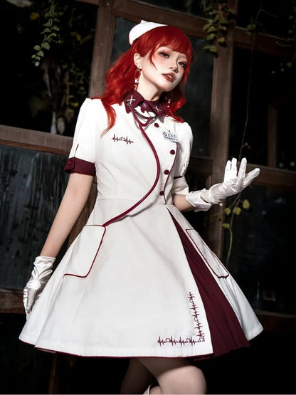 White and Red Halloween Costume Nurse Lolita Dress Full Set