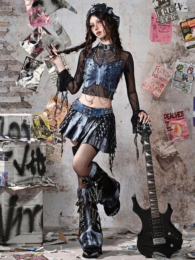 Grunge Punk Rock Fairycore Blue and Black Bell Sleeves Mesh Top