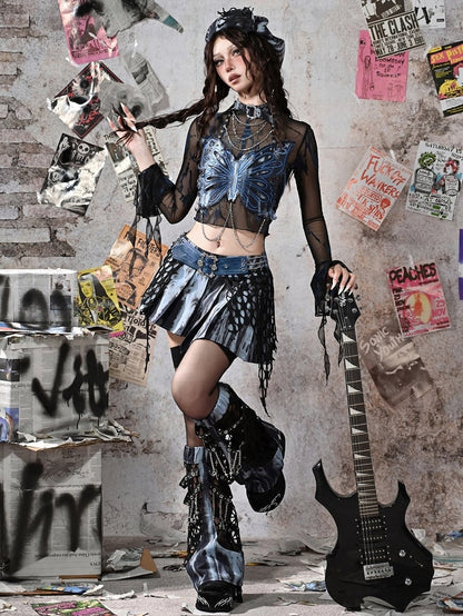 Rock Dye Butterfly Halter Punk Grunge Neck Tie Fairycore Blue Top