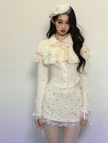 Apricot Lace Shawl Cropped Shirt Lace-up Detail Sleeves