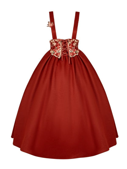 Red New Year Long Version Butterfly and Pomegranate Flowers Lolita Skirt with Detachable Straps