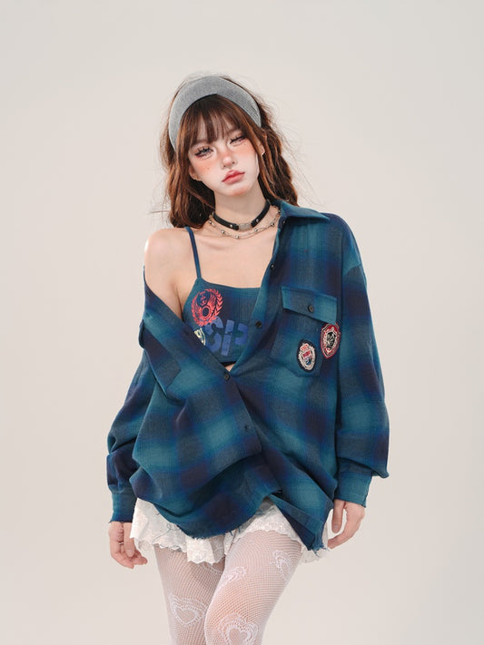 Blue Plaid Pattern Shirt and Inner Cami Top