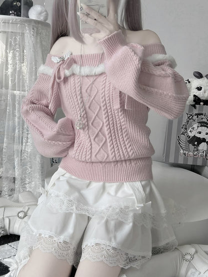 Jirai Kei Pink Off-shoulder Bow Accents Landmine Style Sweater