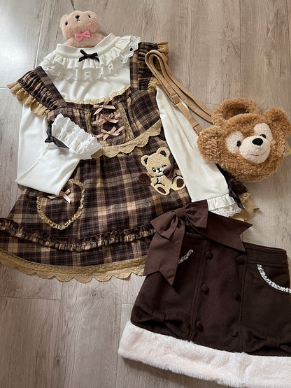 Sleeves Kawaii Soft Brown Plaid Dress Flutter with
