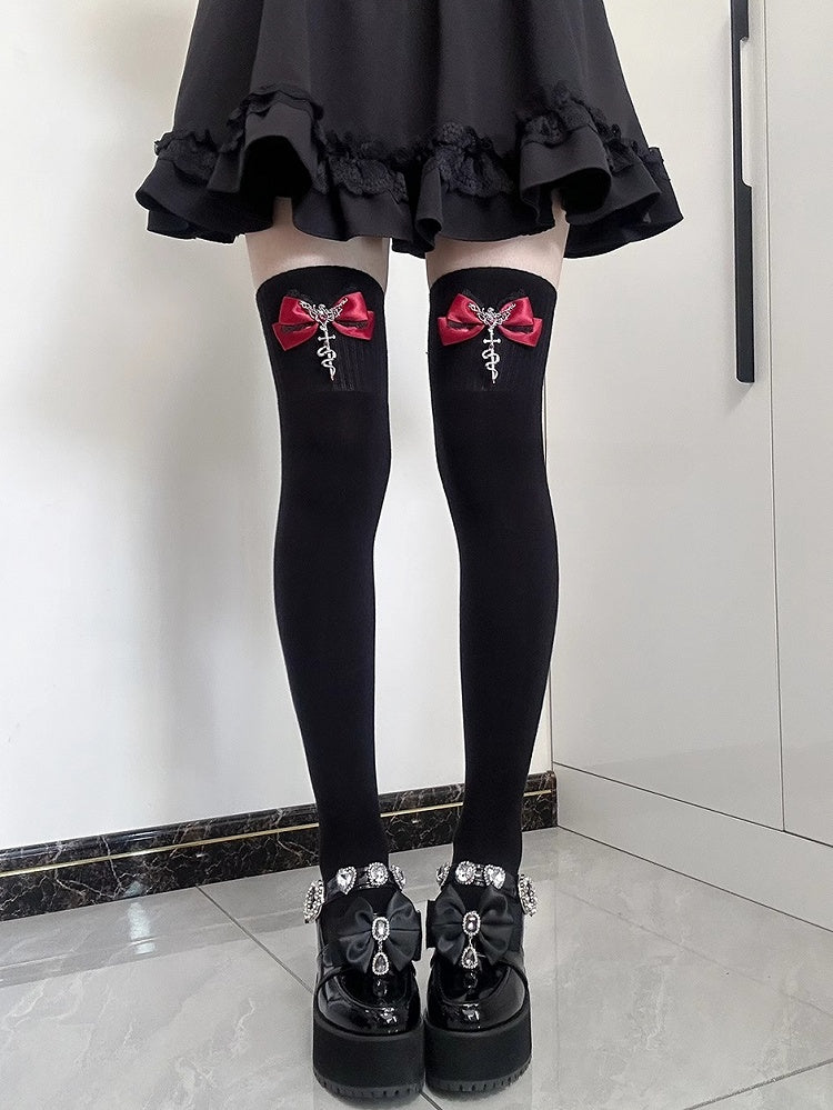 Jirai Kei Black&Red Metal SnakeEmbellished Bowknot Details Overknee Stockings