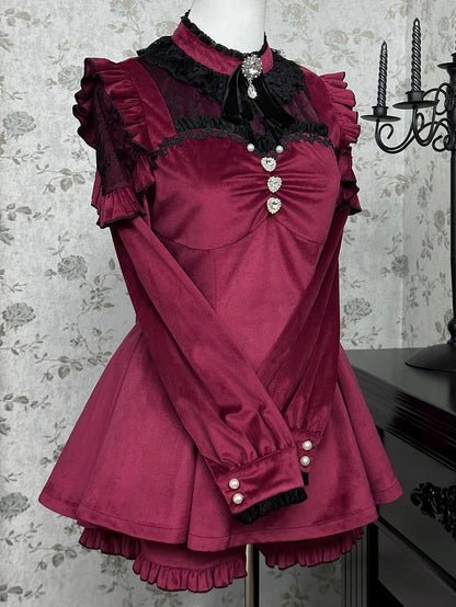 Wine Red Jirai Kei Set Contrast Lace Patches Velvet Landmine Style Dress + Bow Tie + Ruffle Cuffs Shorts